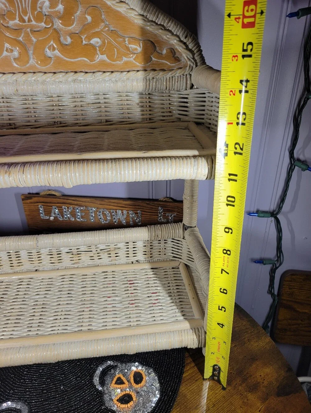 Pier 1 Cream Wicker Two-Tier Shelf with Carved Back